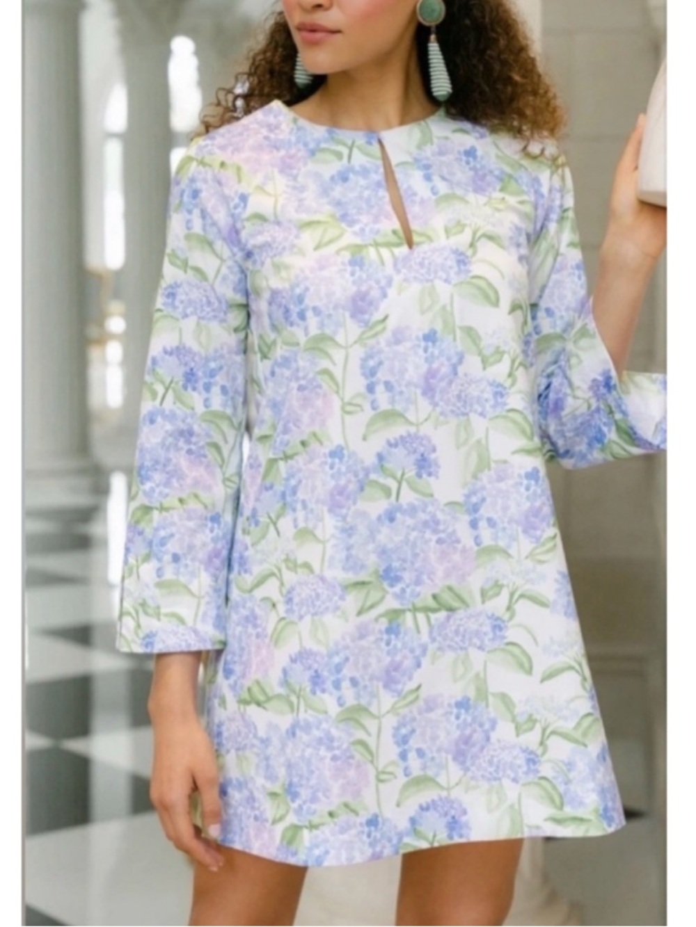 Hill House Blue Hydrangea Print The Artemis Bell Sleeve Shift Dress Size Large - Picture 4 of 16